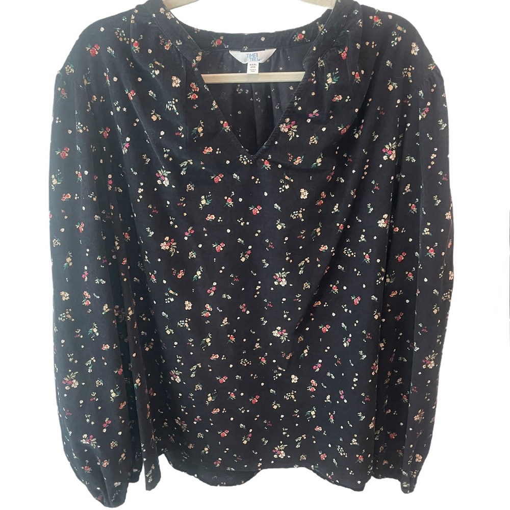 Time and Tru Black Floral Corduroy Blouse - Picture 2 of 4